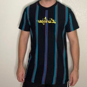 RSQ (Tillys) Men’s Black Large Shirt - Purple Green Blue Stripes - “Las Vegas”